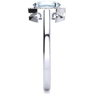 Aquamarine Ring: Aquamarine Jewelry: 1 Carat Oval Shape Aquamarine and Halo Diamond Ring In 14K White Gold