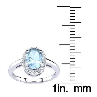 Aquamarine Ring: Aquamarine Jewelry: 1 Carat Oval Shape Aquamarine and Halo Diamond Ring In 14K White Gold