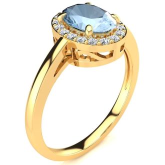 Aquamarine Ring: Aquamarine Jewelry: 1 Carat Oval Shape Aquamarine and Halo Diamond Ring In 14K Yellow Gold