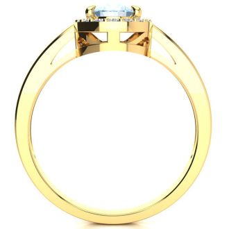 Aquamarine Ring: Aquamarine Jewelry: 1 Carat Oval Shape Aquamarine and Halo Diamond Ring In 14K Yellow Gold