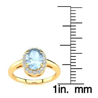 Aquamarine Ring: Aquamarine Jewelry: 1 Carat Oval Shape Aquamarine and Halo Diamond Ring In 14K Yellow Gold