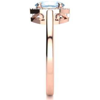 Aquamarine Ring: Aquamarine Jewelry: 1 Carat Oval Shape Aquamarine and Halo Diamond Ring In 14K Rose Gold