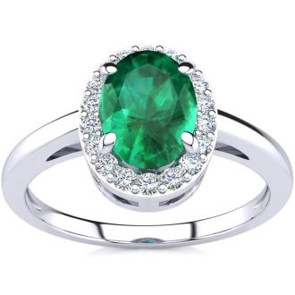 1 Carat Oval Shape Emerald and Halo Diamond Ring In 14K White Gold