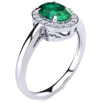 1 Carat Oval Shape Emerald and Halo Diamond Ring In 14K White Gold