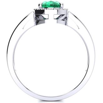 1 Carat Oval Shape Emerald and Halo Diamond Ring In 14K White Gold