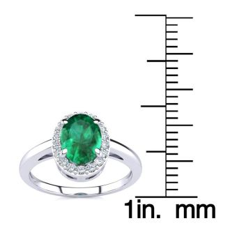 1 Carat Oval Shape Emerald and Halo Diamond Ring In 14K White Gold