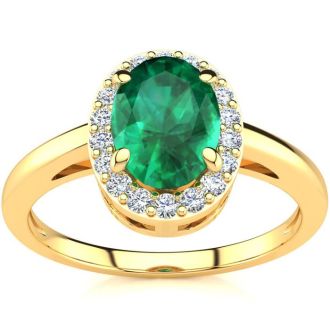 1 Carat Oval Shape Emerald and Halo Diamond Ring In 14K Yellow Gold