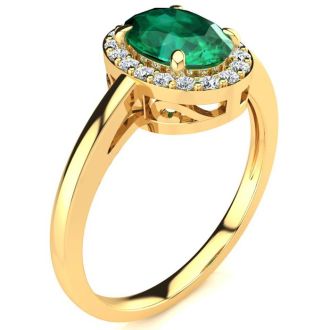 1 Carat Oval Shape Emerald and Halo Diamond Ring In 14K Yellow Gold