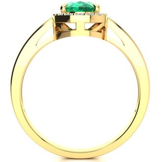 1 Carat Oval Shape Emerald and Halo Diamond Ring In 14K Yellow Gold