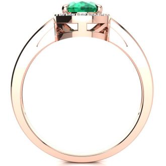 1 Carat Oval Shape Emerald and Halo Diamond Ring In 14K Rose Gold