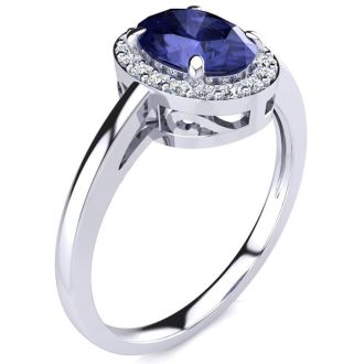 1 Carat Oval Shape Tanzanite and Halo Diamond Ring In 14K White Gold
