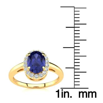 1 Carat Oval Shape Tanzanite and Halo Diamond Ring In 14K Yellow Gold