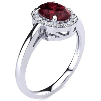 Garnet Ring: Garnet Jewelry: 1 Carat Oval Shape Garnet and Halo Diamond Ring In 14K White Gold