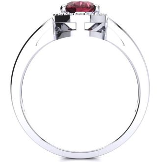 Garnet Ring: Garnet Jewelry: 1 Carat Oval Shape Garnet and Halo Diamond Ring In 14K White Gold