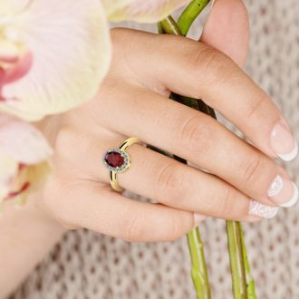Garnet Ring: Garnet Jewelry: 1 Carat Oval Shape Garnet and Halo Diamond Ring In 14K Yellow Gold