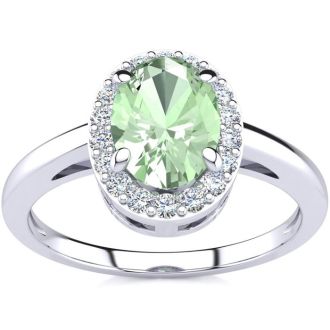 3/4 Carat Oval Shape Green Amethyst and Halo Diamond Ring In 14K White Gold