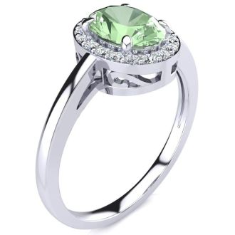3/4 Carat Oval Shape Green Amethyst and Halo Diamond Ring In 14K White Gold