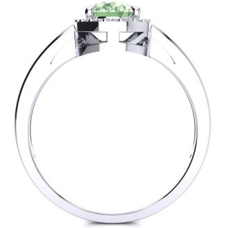 3/4 Carat Oval Shape Green Amethyst and Halo Diamond Ring In 14K White Gold