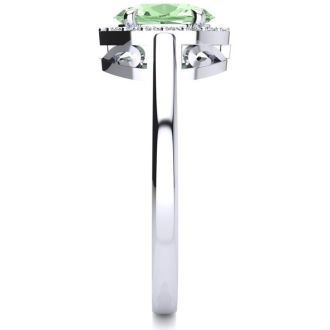 3/4 Carat Oval Shape Green Amethyst and Halo Diamond Ring In 14K White Gold