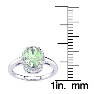 3/4 Carat Oval Shape Green Amethyst and Halo Diamond Ring In 14K White Gold