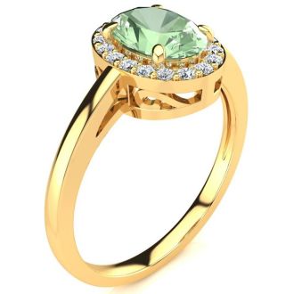 3/4 Carat Oval Shape Green Amethyst and Halo Diamond Ring In 14K Yellow Gold