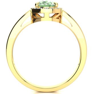 3/4 Carat Oval Shape Green Amethyst and Halo Diamond Ring In 14K Yellow Gold