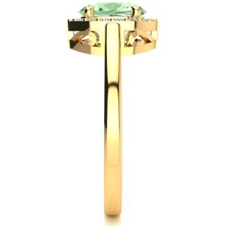3/4 Carat Oval Shape Green Amethyst and Halo Diamond Ring In 14K Yellow Gold