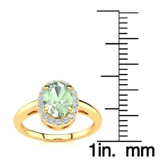 3/4 Carat Oval Shape Green Amethyst and Halo Diamond Ring In 14K Yellow Gold