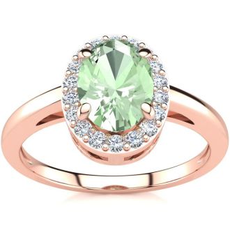 3/4 Carat Oval Shape Green Amethyst and Halo Diamond Ring In 14K Rose Gold