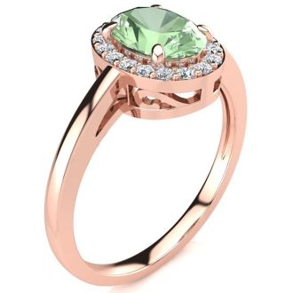 3/4 Carat Oval Shape Green Amethyst and Halo Diamond Ring In 14K Rose Gold