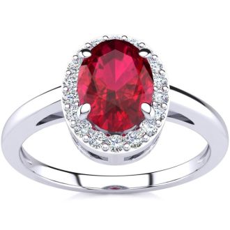 1 Carat Oval Shape Ruby and Halo Diamond Ring In 14K White Gold