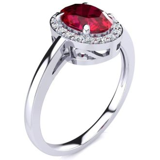 1 Carat Oval Shape Ruby and Halo Diamond Ring In 14K White Gold