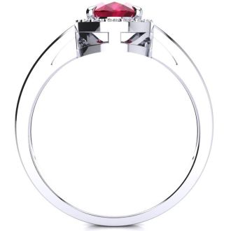 1 Carat Oval Shape Ruby and Halo Diamond Ring In 14K White Gold