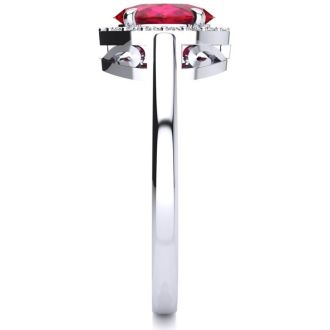 1 Carat Oval Shape Ruby and Halo Diamond Ring In 14K White Gold