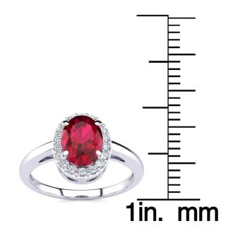 1 Carat Oval Shape Ruby and Halo Diamond Ring In 14K White Gold