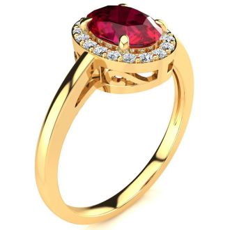 1 Carat Oval Shape Ruby and Halo Diamond Ring In 14K Yellow Gold