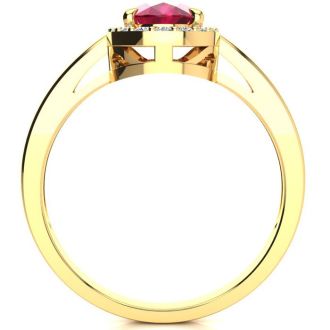1 Carat Oval Shape Ruby and Halo Diamond Ring In 14K Yellow Gold