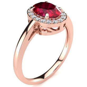 1 Carat Oval Shape Ruby and Halo Diamond Ring In 14K Rose Gold
