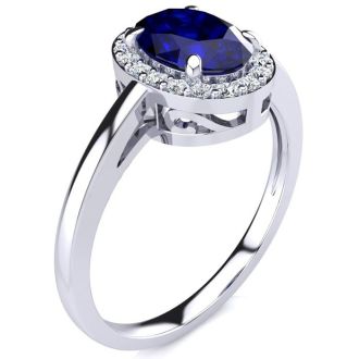 1 Carat Oval Shape Sapphire and Halo Diamond Ring In 14K White Gold