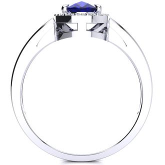 1 Carat Oval Shape Sapphire and Halo Diamond Ring In 14K White Gold