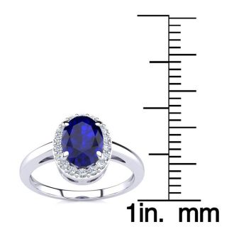 1 Carat Oval Shape Sapphire and Halo Diamond Ring In 14K White Gold