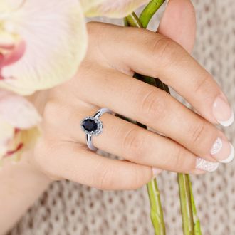 1 Carat Oval Shape Sapphire and Halo Diamond Ring In 14K White Gold