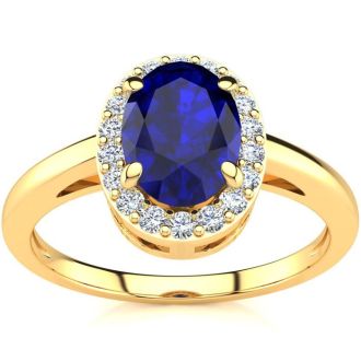 1 Carat Oval Shape Sapphire and Halo Diamond Ring In 14K Yellow Gold