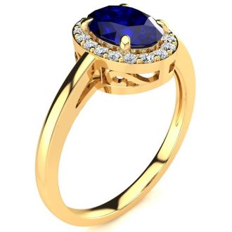 1 Carat Oval Shape Sapphire and Halo Diamond Ring In 14K Yellow Gold