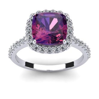2 1/2 Carat Cushion Cut Amethyst and Halo Diamond Ring In 14K White Gold
