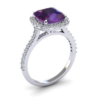 2 1/2 Carat Cushion Cut Amethyst and Halo Diamond Ring In 14K White Gold