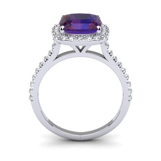 2 1/2 Carat Cushion Cut Amethyst and Halo Diamond Ring In 14K White Gold