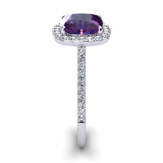 2 1/2 Carat Cushion Cut Amethyst and Halo Diamond Ring In 14K White Gold