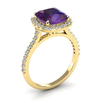 2 1/2 Carat Cushion Cut Amethyst and Halo Diamond Ring In 14K Yellow Gold