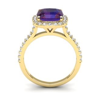 2 1/2 Carat Cushion Cut Amethyst and Halo Diamond Ring In 14K Yellow Gold